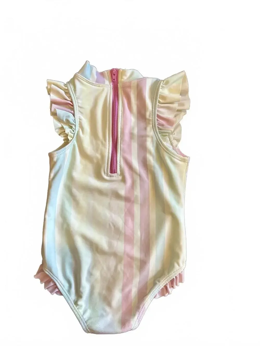 RuffleButts 2T Pastel Stripe Ruffle Sleeve Swimsuit - Picture 2 of 3